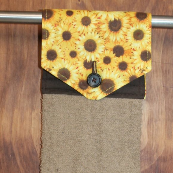 SUNFLOWER PRINT GOLD & BROWN HANDMADE HANGING KITCHEN TOWEL TAN COTTON TOWEL - Picture 3 of 4